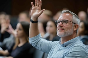 A curious audience actively engages in an educational talk, raising hands and sharing thoughts_1129690398-min