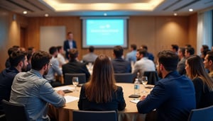 Attendees are seated at round tables in a conference room, listening attentively to a speaker_962465824-min